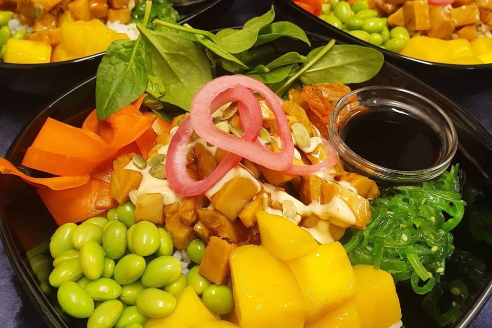 På bilden syns en skål med fylld med färgglada grönsaker, frukt och lax samt en mindre skål med soja.