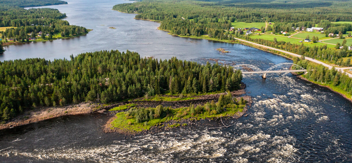 Vybild över Kalix älv och Kamlungeforsen. På bilden syns skog och vatten samt en bro.