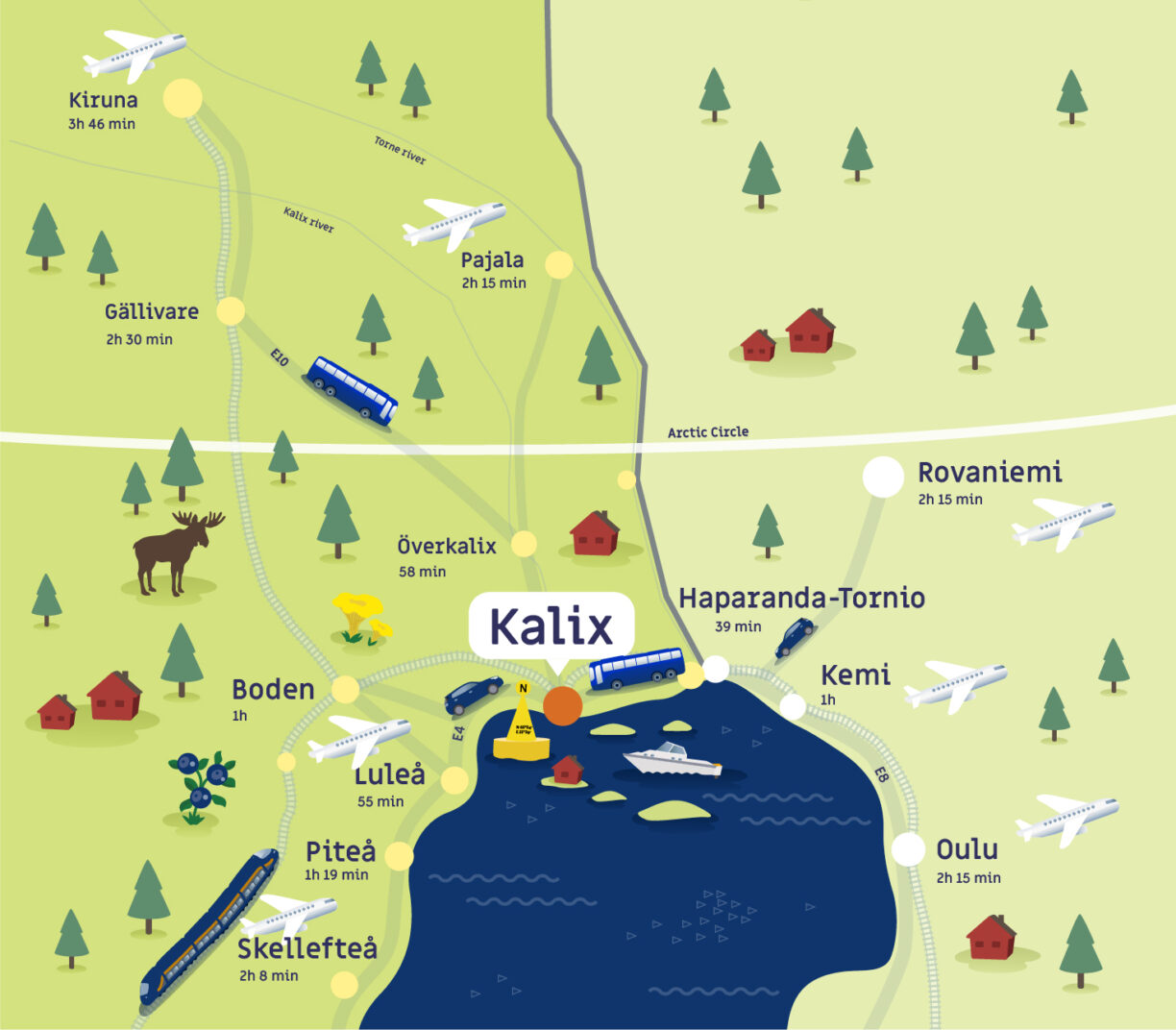 En färgglad karta över Norra Sverige och Norra Finland där man ser var Kalix ligger och avstånd till viktiga punkter, så som flygplatser och tåg.