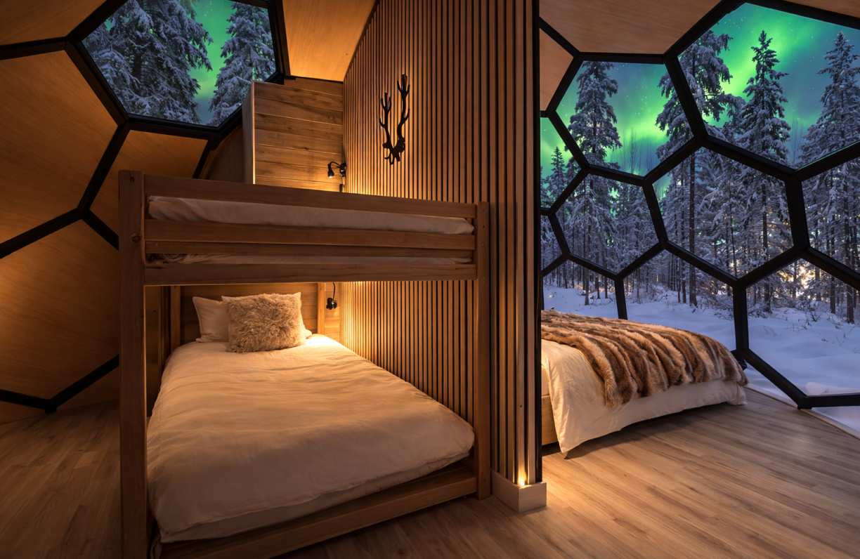 En våningssäng till vänster i bild och en vägg som delar av till en enkelsäng inuti en igloo. Genom det kupol-liknande taket och väggarna ser man snötäckt mark och norrsken ovanför trädtopparna.