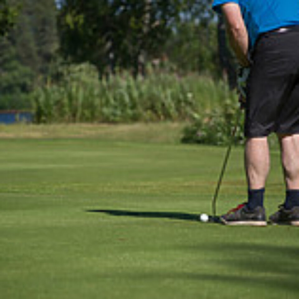 Grön gräsmatta, golfbana, med gröna lövträd i övre kanten av bilden. En man står i höger i bild redo att putta en golfboll.