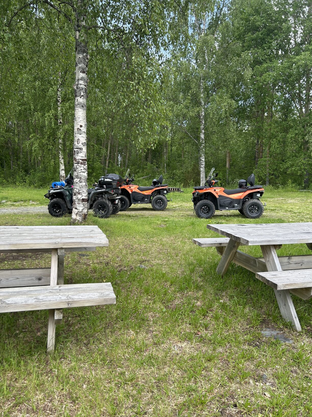 Två kampingbord med bänkar i trä som står på en gräsmatta. I bakgrunden syns en grön och lummig lövskog med tre fyrhjulingar som står parkerade framför.